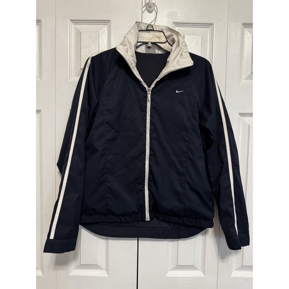 Nike‎ Women's Retro 90's Windbreaker Varsity Track Jacket Sz M 8-10 Navy Pockets